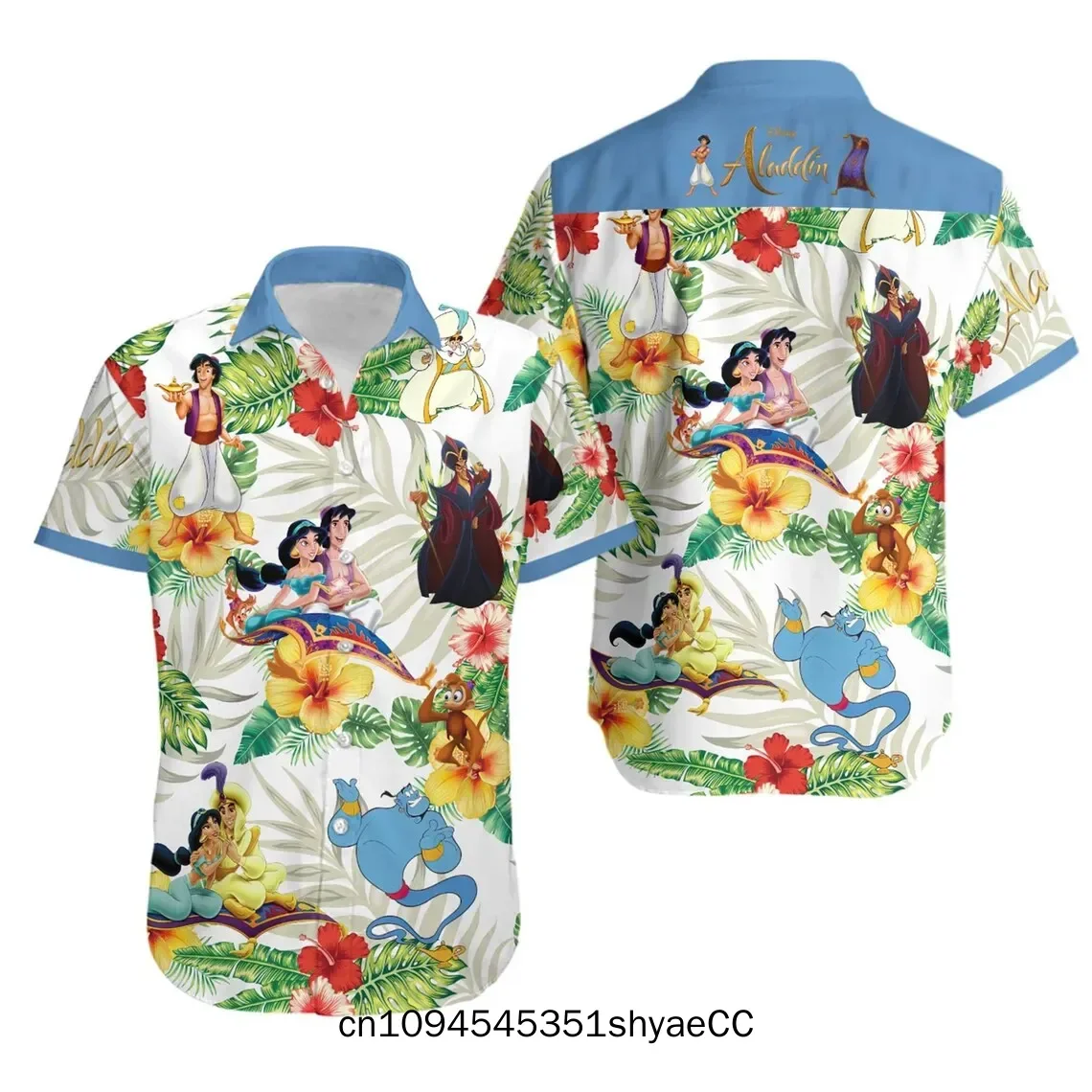 Disney Aladdin and Jasmine Princess Hawaiian Shirt Men's Women's Kids Short Sleeve Shirts Disney Hawaiian Shirts Beach Shirts