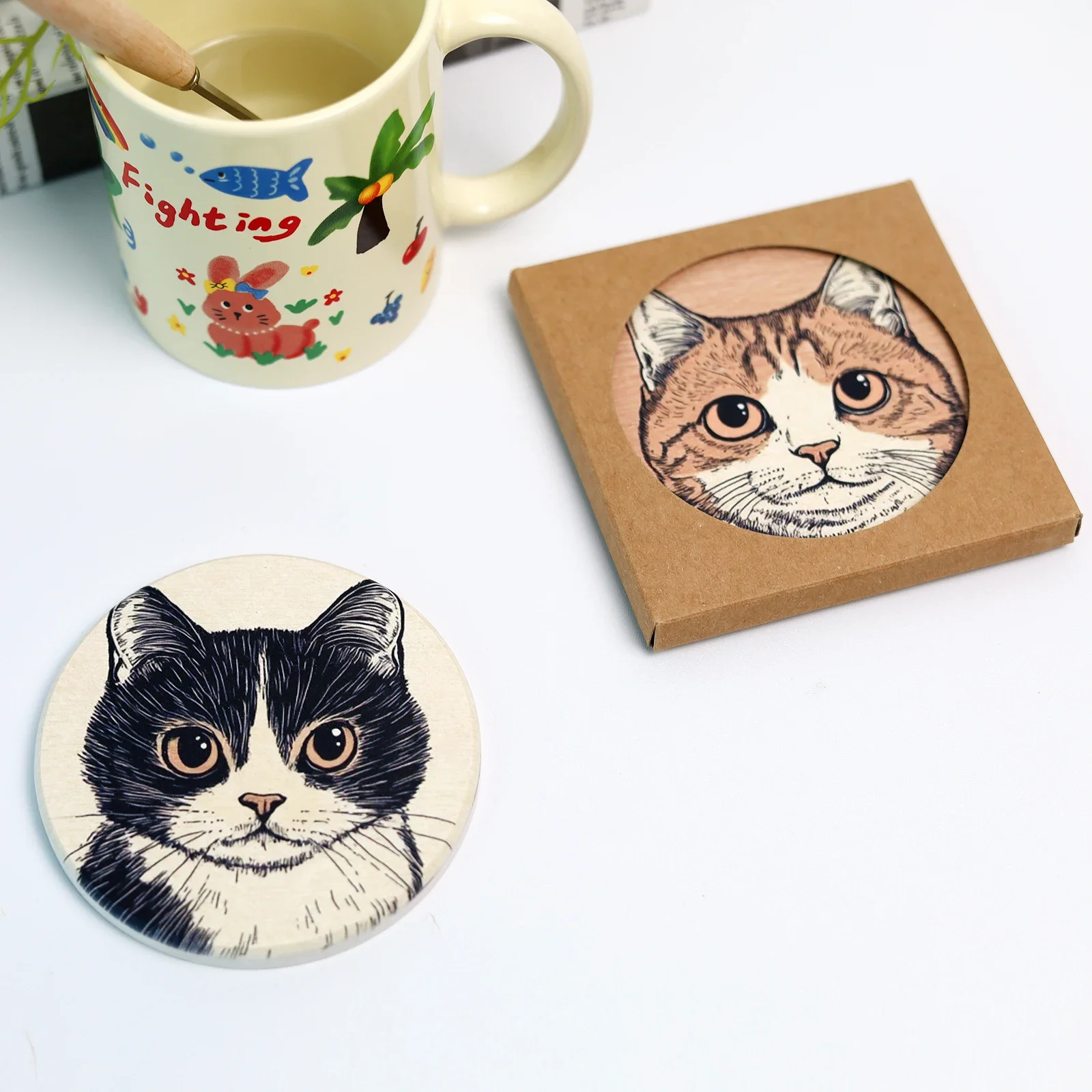 Round Coasters Ceramic Cat Cork Absorbent Insulated Table Protection Non-Slip Drinks Coffee Mat Kitchen Items Accessories