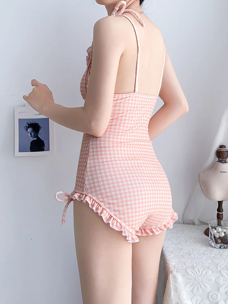 격자 무늬 커버 업 여성 v 넥 섹시한 레트로 간단한 휴가 슬림 스위트 백 레스 여름 Ulzzang Ladies Swinwear Classic Bandag 2025e