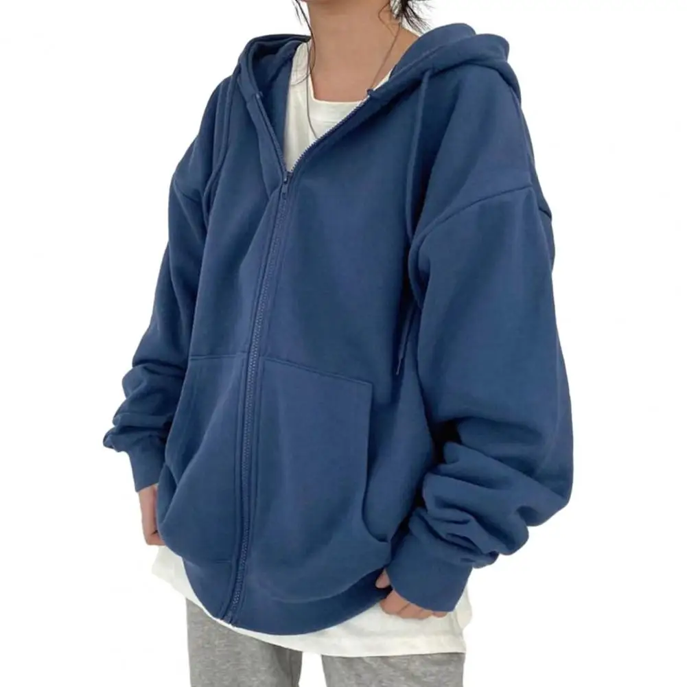 

Solid Color Coat Women Zip-up Hoodie Stylish Women's Winter Coat Zipper Closure Thick Hood Drawstring Pockets Stay Warm