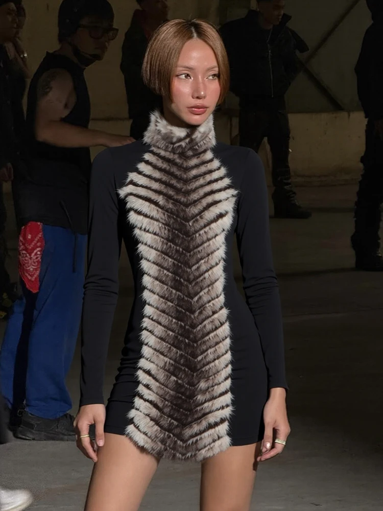 Vestido elegante de tendencia con diseño de gato extraño para mujer, vestido ajustado de piel con cuello alto y manga larga, elástico, de lujo, para fiesta de cumpleaños, graduación y Club