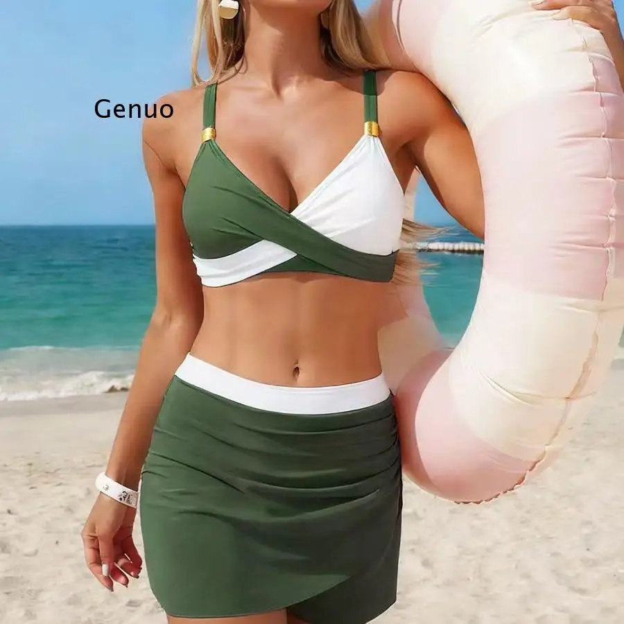 Push Up Color Block Wrap Bikini Set with Skirt Cover Up, Tummy Control Two Piece Swimsuit with Skirt