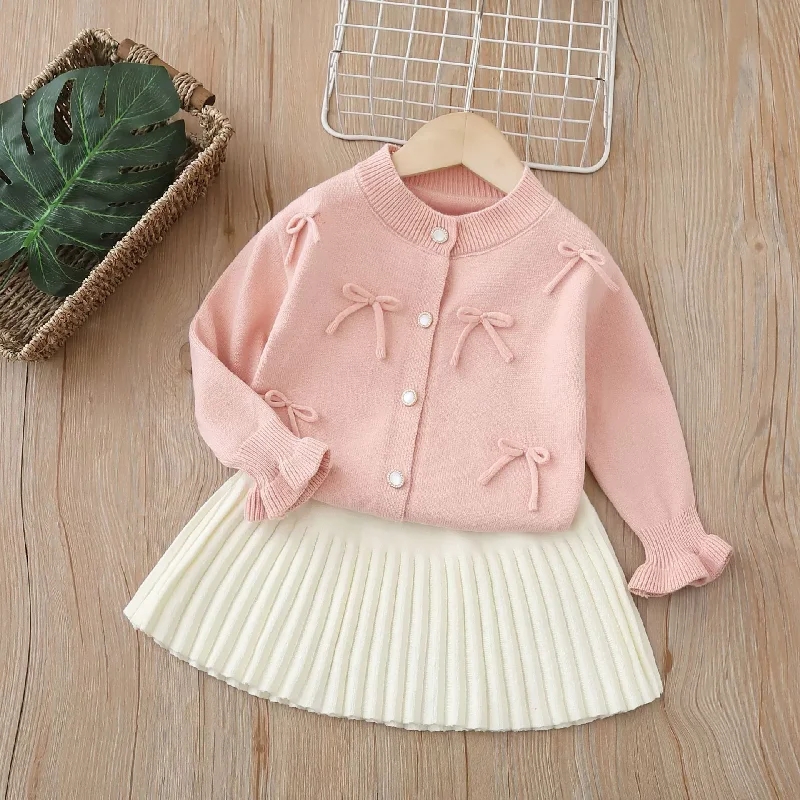 Girls Princess Sets Winter Kids Sweaters+Skirts 2Pcs Children Clothes Baby Cardigan Suits Autumn Fashion Knotbow Outfits 2-6 Yea