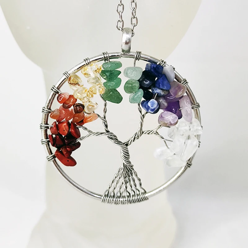 Seven Chakras Natural Crystal Rubble Tree of Life Wealth Pendant Reiki Healing Energy Necklace Holiday Gift Jewelry Decoration