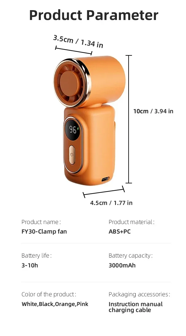 Tragbarer Mini-Ventilator, kleiner Handventilator, 5 Geschwindigkeiten, 3000 mAh, USB wiederaufladbar, LED-Anzeige, 180° ° Drehbare Clip-Kühlventilatoren – Detail 15