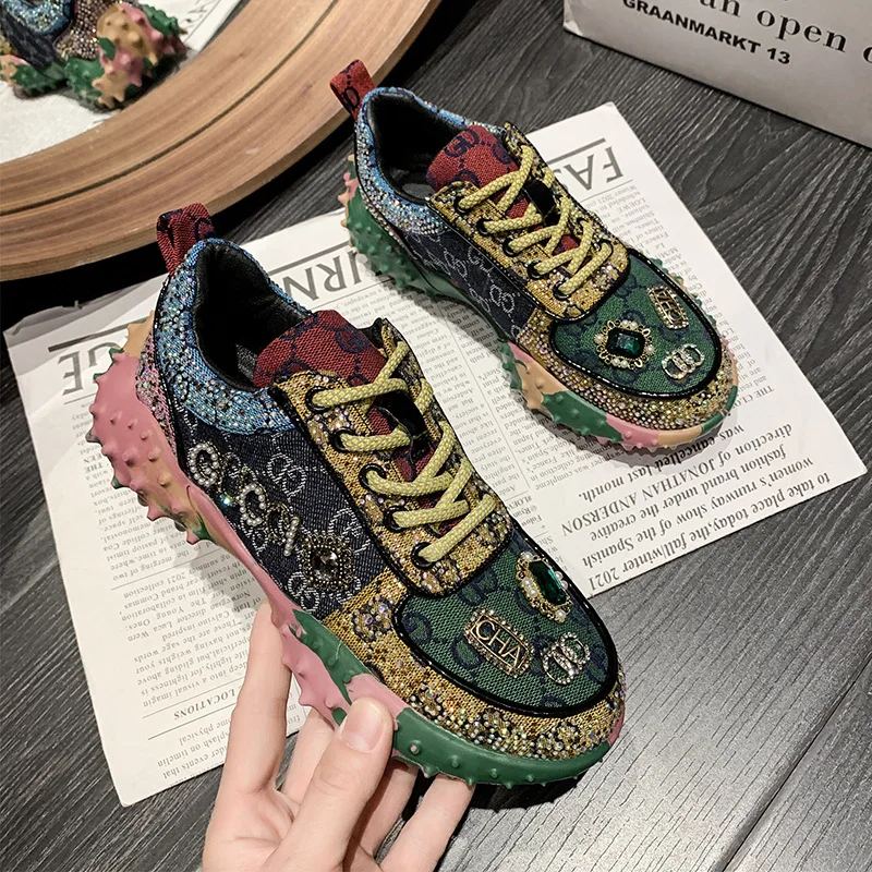 Spring Autumn New Explosive Rhinestones Shoes Women\'s Trendy Diamond-studded Vulcanized Leisure Shoes Thick Sole Female Sneakers