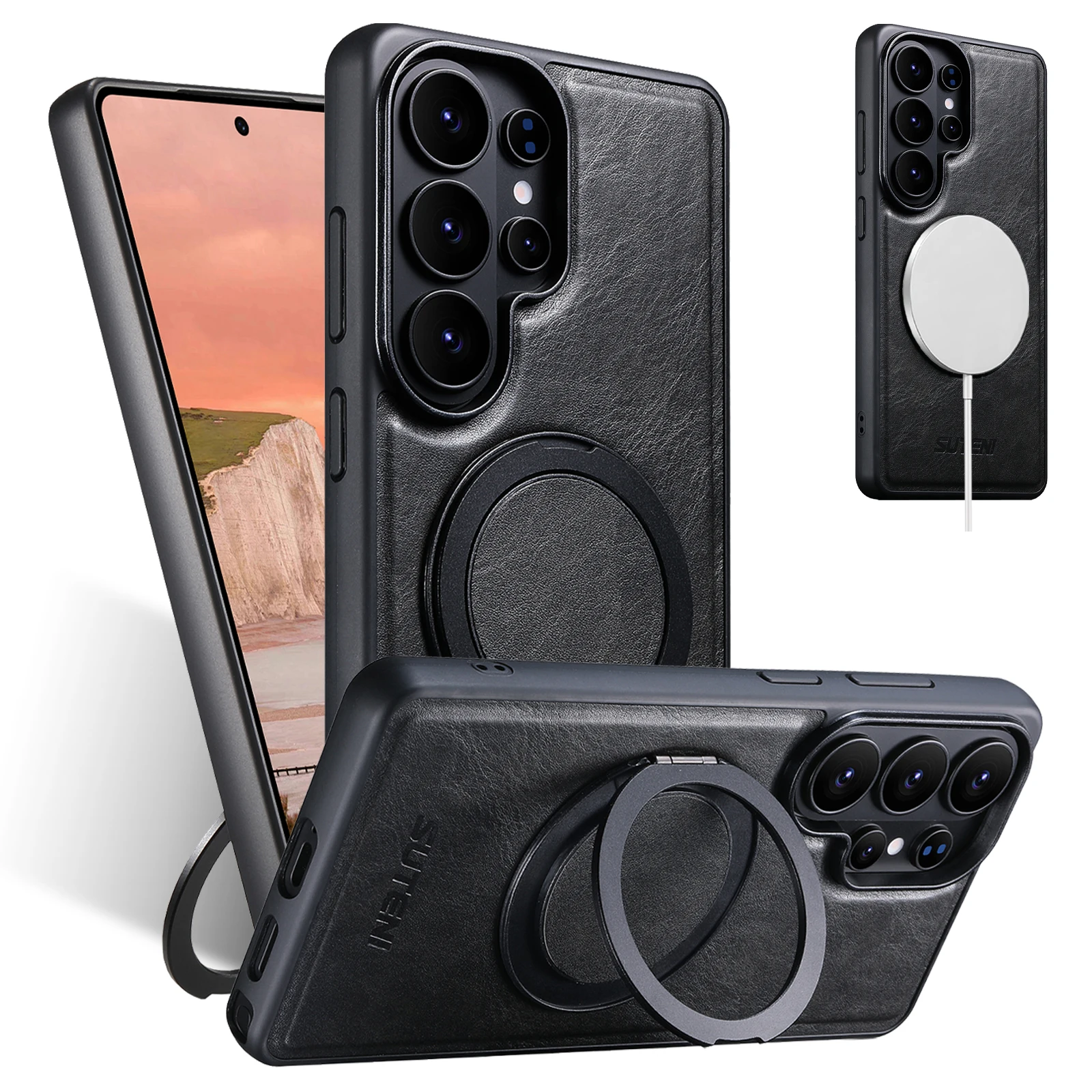 Magnetic Bracket holder Case for Samsung Galaxy S26 Ultra,S25 Plus,S24,S23,S22+ Luxury Leather 360° Rotating Ring Stand cover