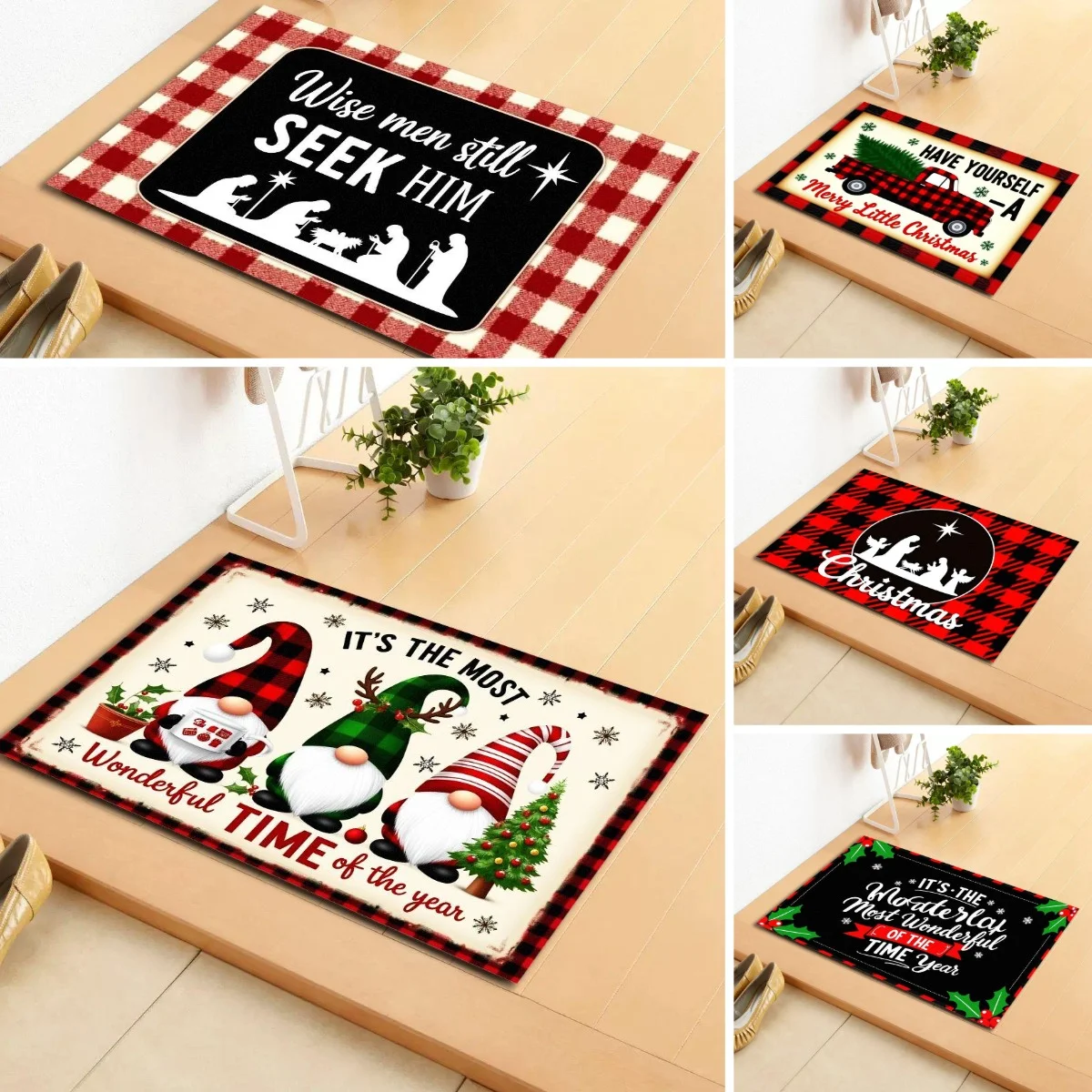 VIKAMA Indoor Door Mat Merry Christmas on Slip Doormat Low Profile Welcome Mat Red Black Plaid Soft Entrance Rug for Home Decor