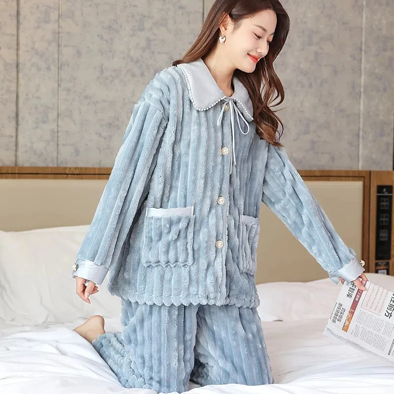 Winter Coral Women Pajamas Set Warm Sleepwear Winter Home Wear Pyjamas Sweet Flannel Thicken Sweet Girls Pyjamas