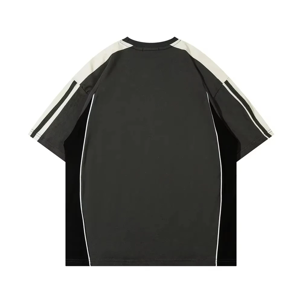 Korean Style Street Letter Printed Pattern Splicing Harajuku Y2K Style Men\'s Short Sleeved Loose Oversized Casual Round Neck Top