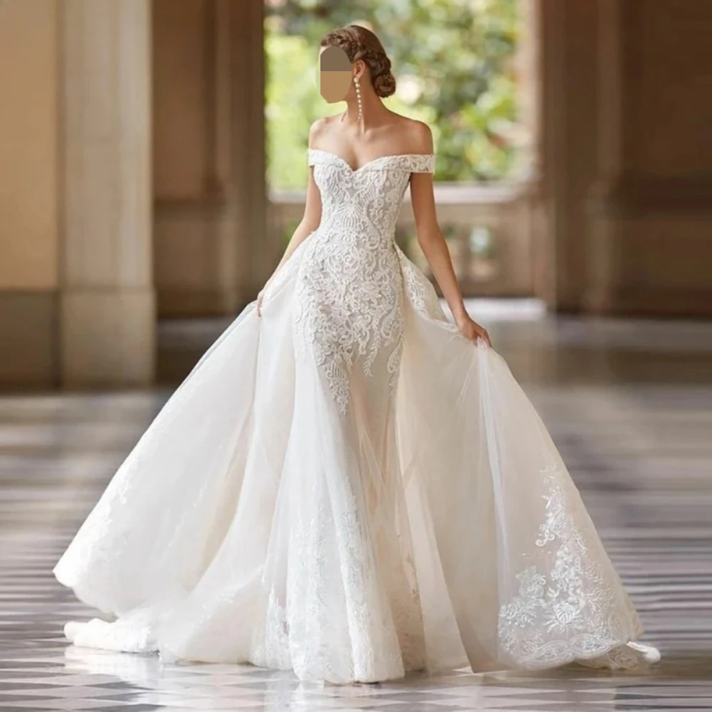 2 In 1 Mermaid Off the Shoulder Wedding Dress Lace Fitted Bridal Gown with Detachable Court Train Ivory Vestido De Novia Wedding