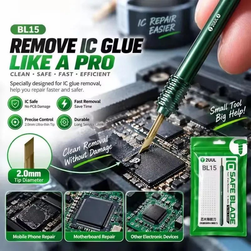 2UUL BL15 Chip Glue Remover Blade Replaceable Tip for Cleaning Underfill Black Glue CPU IC Chip Safe Mobile Phone Repair Tools