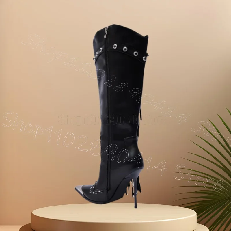 

Metal Button Black Tassels Pointed Toe Boots Side Zipper Women Shoes Thin High Heels Sexy Party Banquet 2026 Zapatos Para Mujere