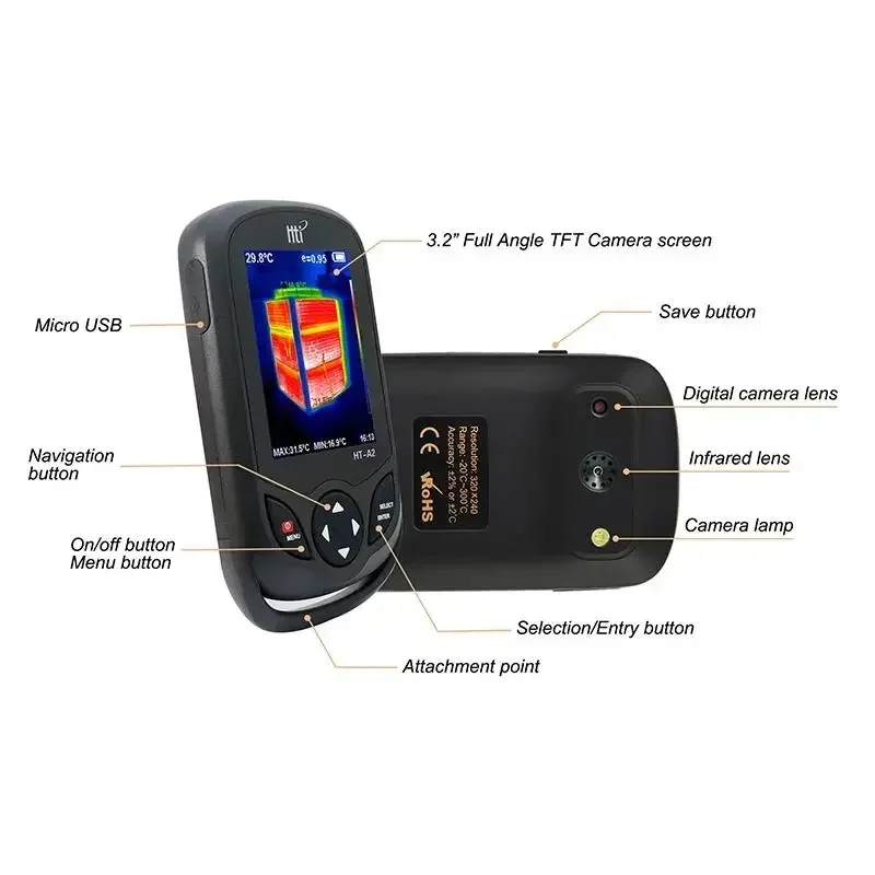 Thermal Camera HT-A2+ Handheld  Imager 256X192 Resolution Portable Infrared IR Imaging Detector Inspection Tool