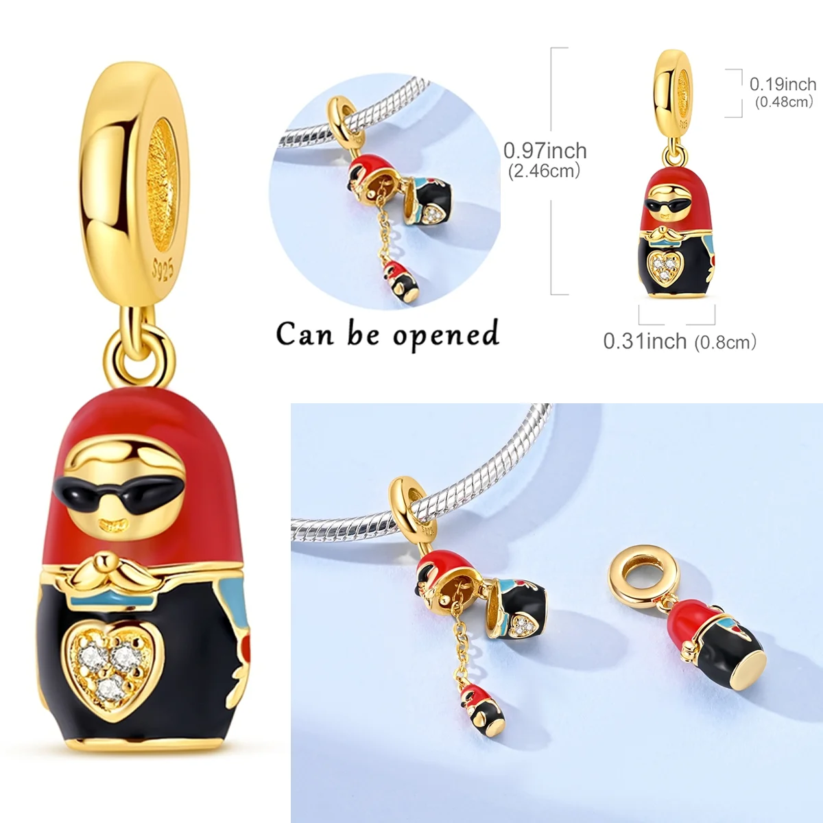 ゴールデンマトリョーシカチャームビーズ 925スターリングシルバー CZジルコン ロシアの入れ子人形 ダングルフィット オリジナルブレスレット DIYジュエリーギフト 1