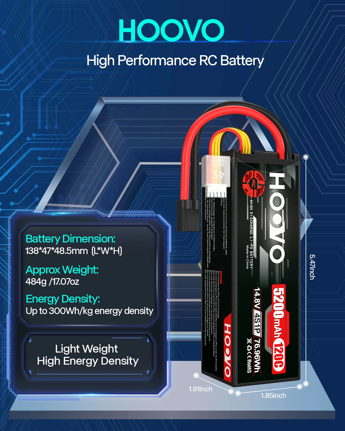 HOOVO 2PCS 4S Lipo Battery 14.8V 120C 5200mAh RC Car Battery Hard Case TR Plug for 1/8 and 1/10 RC Truck Car 4X4 Crawler Monster