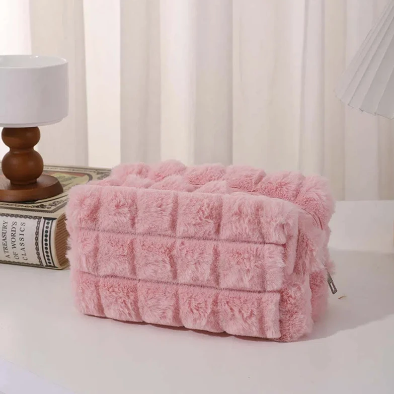 Solid Color Plush Pencil Case Stationery Organizer Large Capacity Stationery Bag Soft Plush Puff Plush Pen Bag Lady Girls