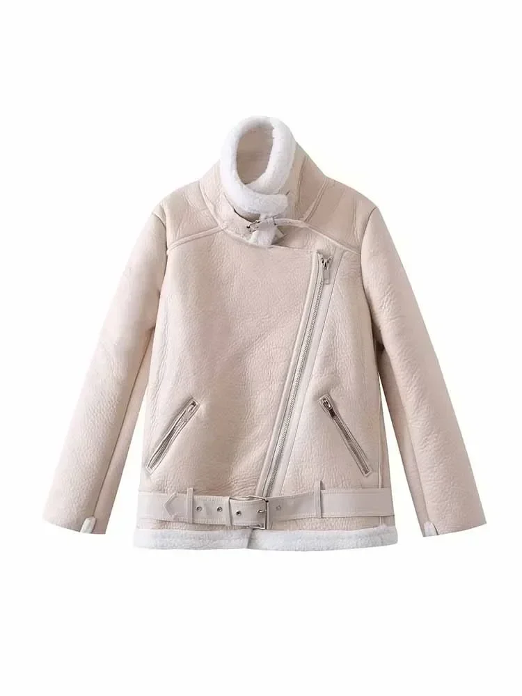 

Women Fashion With belt Winter Thick Warm Fur Faux Leather Jacket Coat Vintage Long Sleeve Zipper Female Outerwear Chic Tops