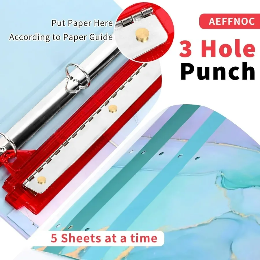 เครื่องเจาะกระดาษแบบพกพา 3 รู พร้อมไม้บรรทัด 10 นิ้ว สำหรับโรงเรียนและสำนักงาน เครื่องเจาะรู 3 วง จุกระดาษได้ 5 แผ่น ดีไซน์กะทัดรัด