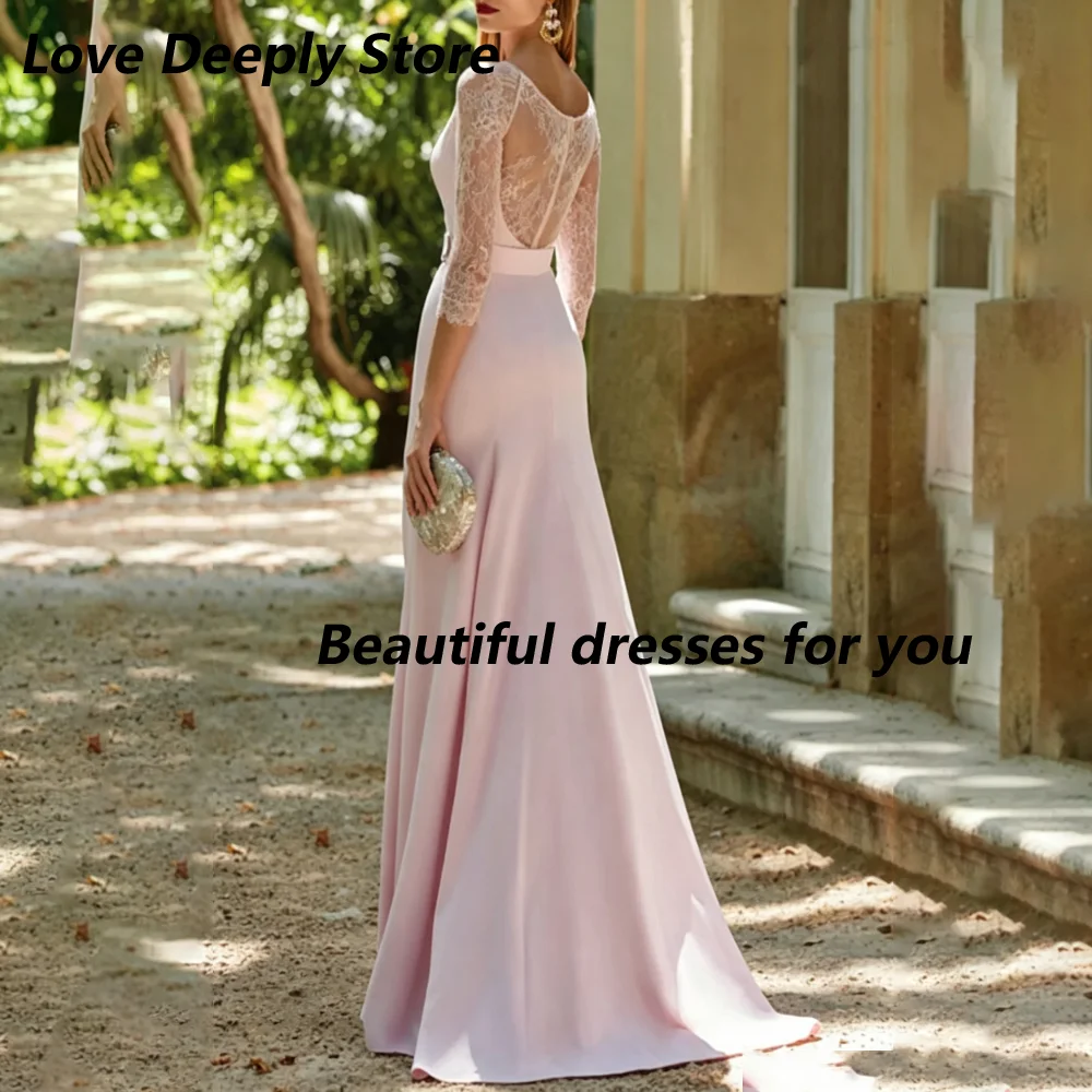 Customized Mermaid Mother Of Bride Dresses Dusty Pink Lace 3/4 Sleeve Round Neck Button Belt High Slit Backless Evening Dress
