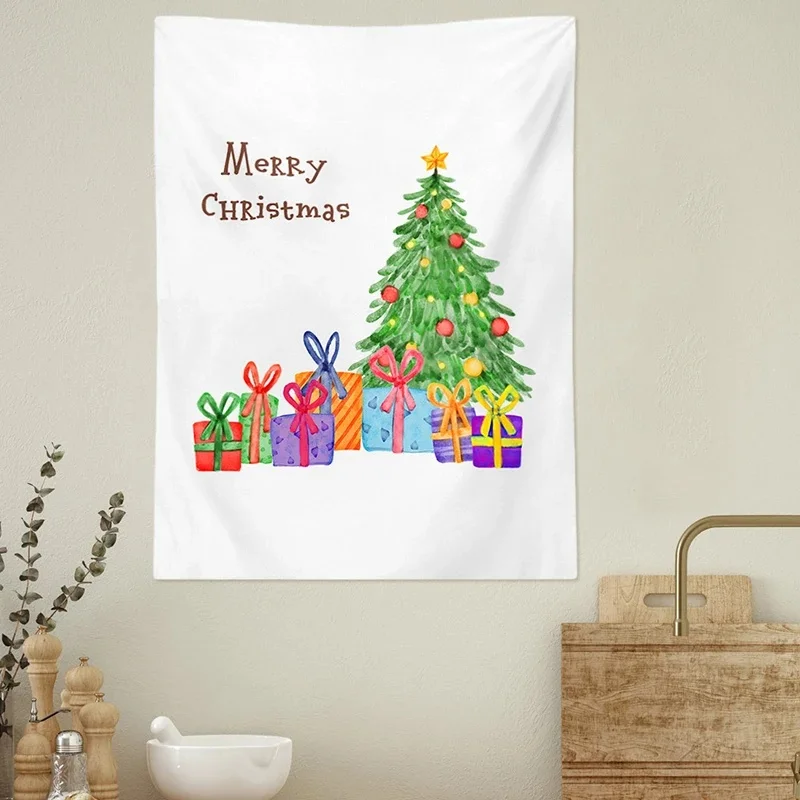VIKAMA Merry Christmas Tree Tapestry Red Background Snow Ornament Print Wall Hanging Home Xmas Room Decor