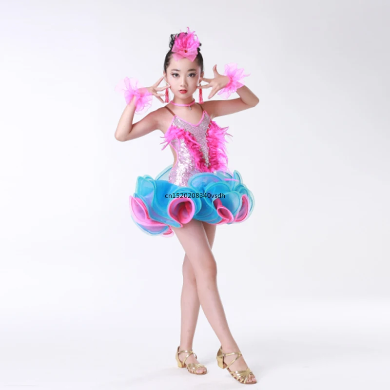 Children's professional Latin dance performance clothing bright diamond tassel Latin dance skirt children Latin game clothing