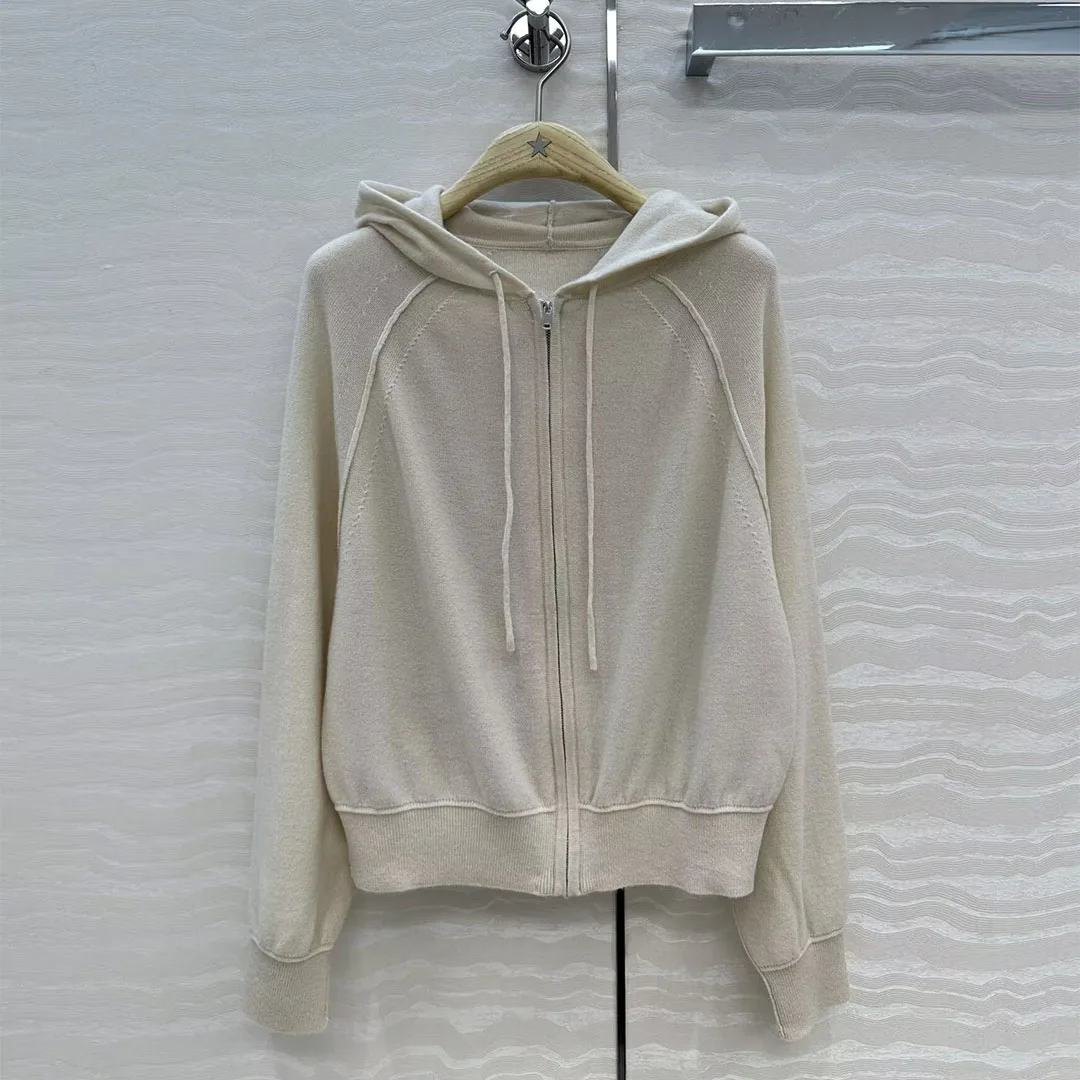 

New Autumn Casual Cashmere Wool Blends Knitted Cardigans Hooded Drawstring Long Sleeve Back Embroidery Butterfly Zipper Sweater