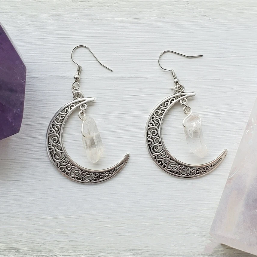 Angel Aura Quartz Crystal Crescent Moon Earrings - Lunar Goddess Jewelry  Divine  Collection