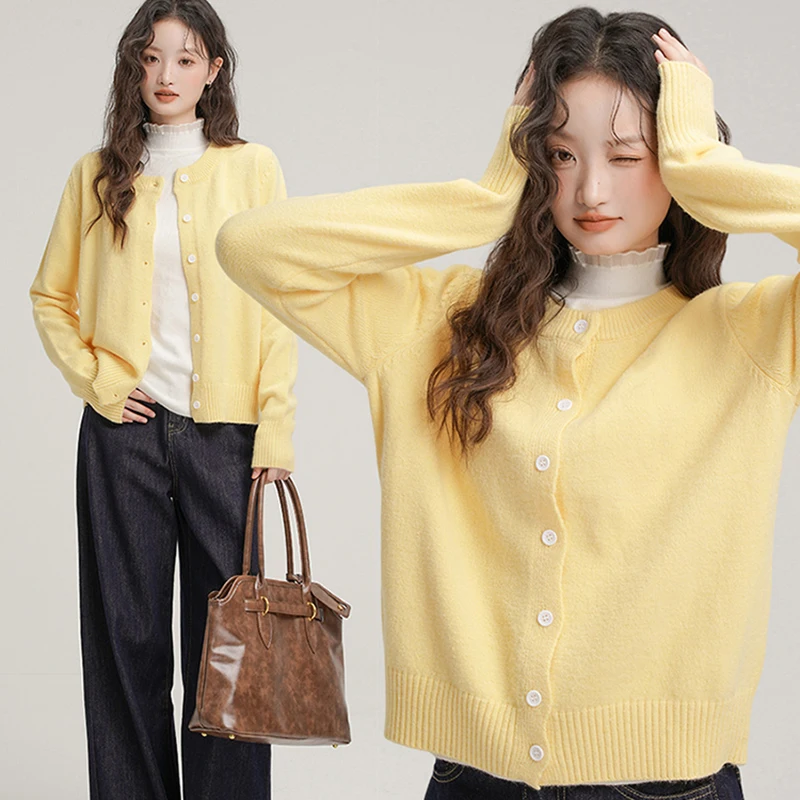 

Yellow Sweater Cardigan Female Thin Sweet Casual Knitwear Coat Women Solid Color Versatile Single Breasted Sweaters
