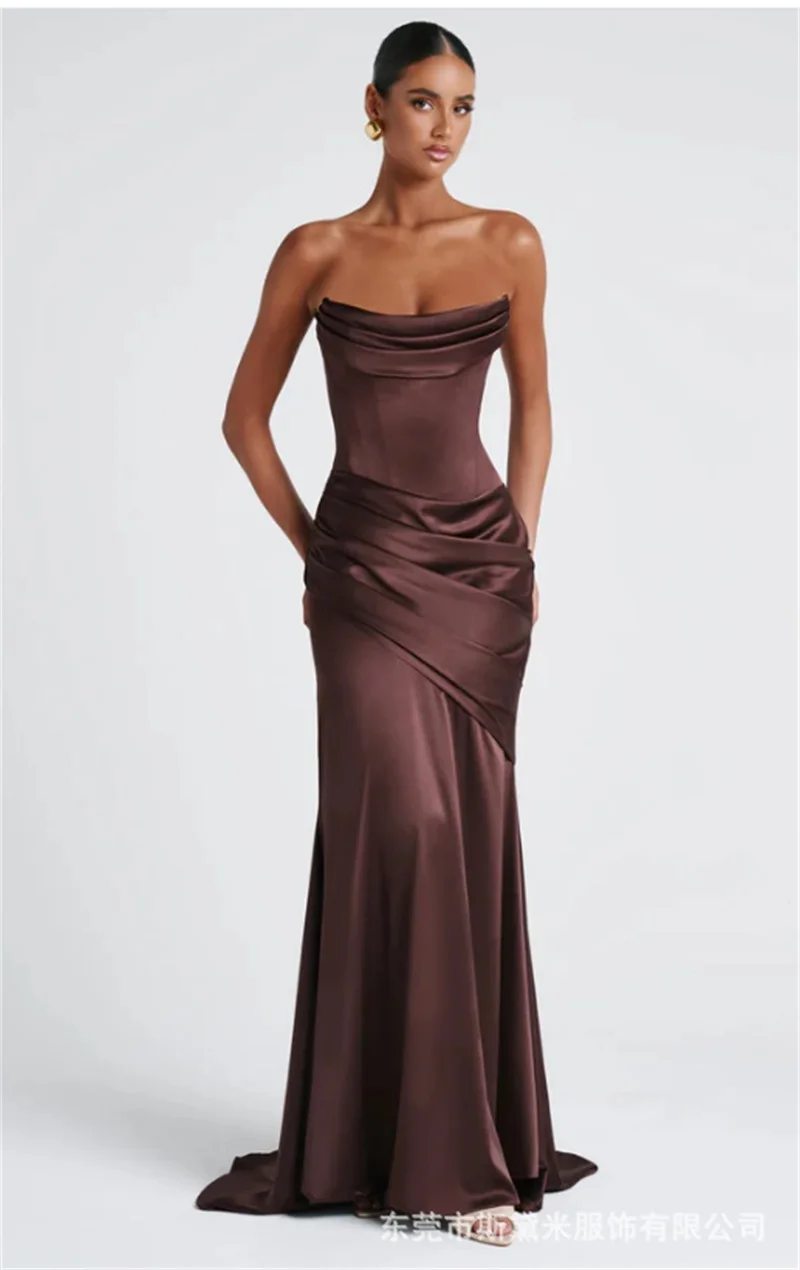 

2025 ​ ​ Женское темно-коричневое вечернее платье без бретелек из атласа длиной до пола, корсетное платье с лифом, вечернее платье с открытой спиной и шарфом