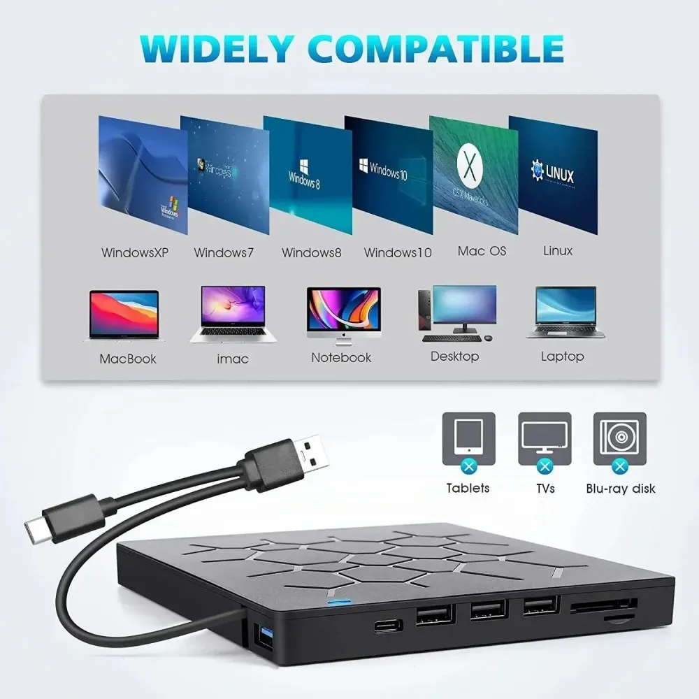 KEBIDUMEI 8in1 USB3.0 Type-C External DVD RW Drive Portable CD Burner TF SD Card Reader Optical Disk Drive for Laptop Desktop