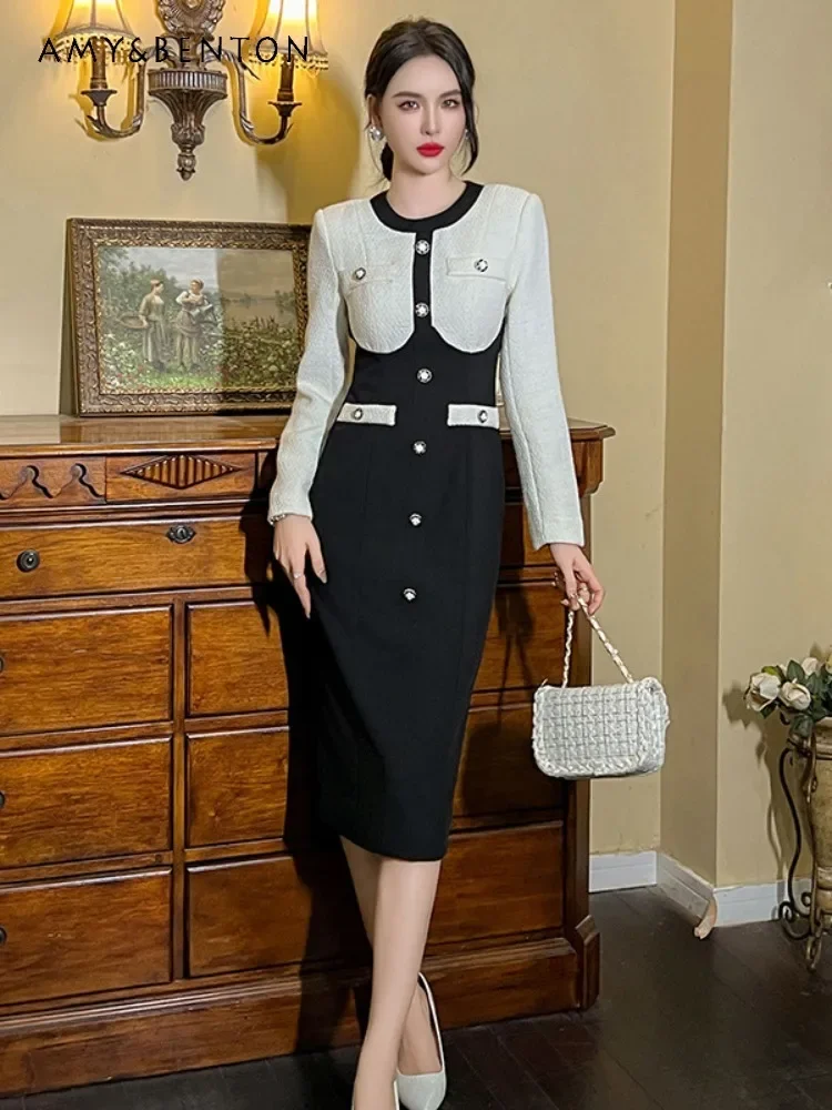 

Hepburn Style Single-breasted Contrasting Color Long Sleeve Dress for Women Office Lady Elegant Woman Slim Midi A-line Dresses