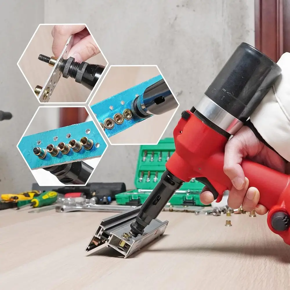 Hydraulic Pneumatic Riveter Automatic Air Rivet Nut Gun Tool Setting Kit Rivnut Riveting, with Metric & SAE Mandrels (8 Size)