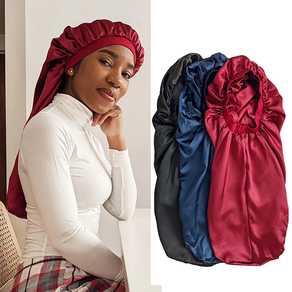 

Double Layered Satin Sleep Caps Women Hijab Bonnet Solid Color Long Tailed Turban Hat Hair Care