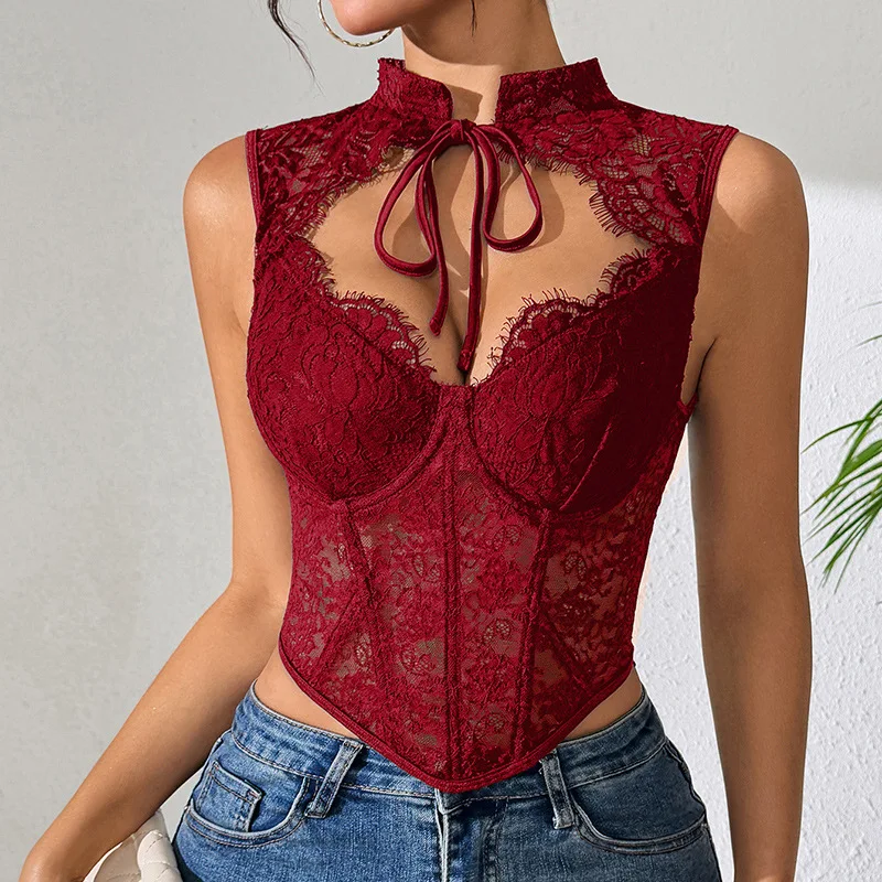 Lace  Fish Bone Corset SteelRing Vest Top Slim Fit Women's Fashion Inner Wear Short Pure Color Knotting Autumn Season