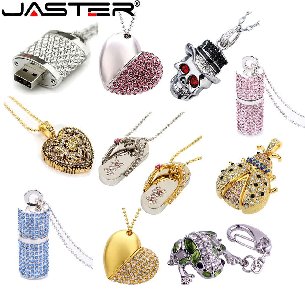 JASTER Crystal Heart USB 2.0 Flash Drive 64GB Metal Skull Pen Drive 32GB Frog Keychain Memory Stick 16GB Creative Holiday Gift