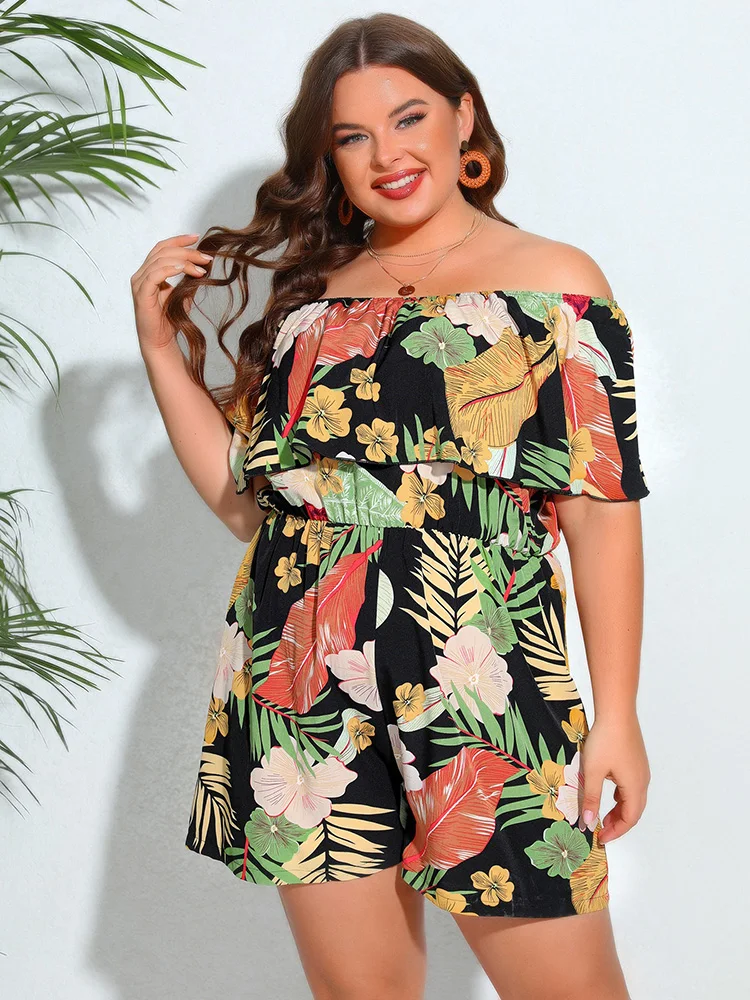 GIBSIE Plus Size Floral Print Off Shoulder Jumpsuit Romper Women 2024 New Summer Beach Vacation Loose Boho Shorts Playsuits