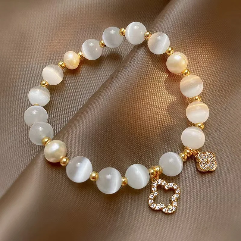 New Bracelet Women's Lucky Four-Leaf Flower Crystal Bracelet Elastic Rope Pearl Transfer Bead Hand Chain Jewelry Bangles Gift - Image 5