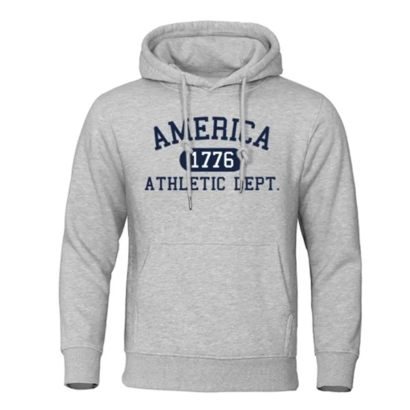 America 1776 Athletic Dept Letter Print Mans Hoodies Pocket O-Neck Sweatshirt Autumn Soft Sweatshirt Casual Loose Man Clothing