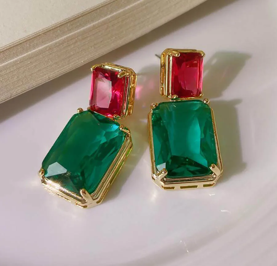 

French retro simple square geometric emerald crystal square ruby luxury earrings elegant women classic pendant fine jewelry