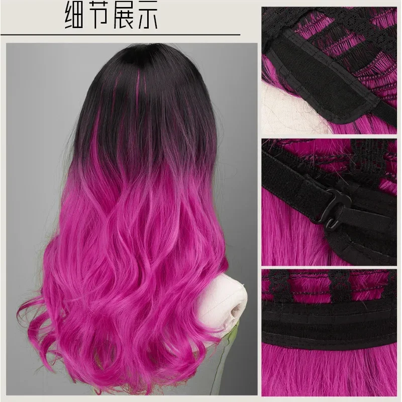 25COSCos شعر مستعار المرأة كامل القبعات الصيف تنفس شعر مستعار مريح ارتفاع درجة الحرارة الحرير التدرج الوردي الأرجواني طويل مجعد الشعر #3