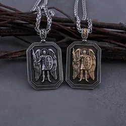 Stainless Steel St. Michael Archangel Cross Shield Necklace Men's Fashion Biker Amulet Pendant Necklace Jewelry Accessories