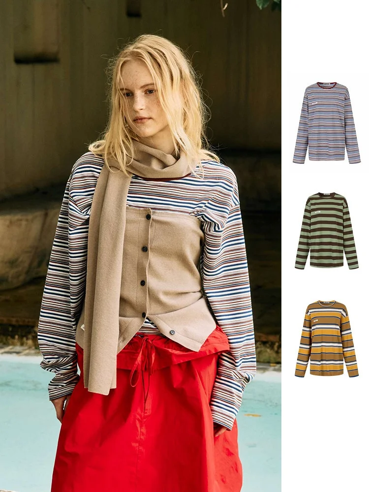 

Брендовая полосатая футболка с длинным рукавом и круглым вырезом, повседневная, стандартного кроя, женская, модная, GoGoBuyer, товар ручной работы