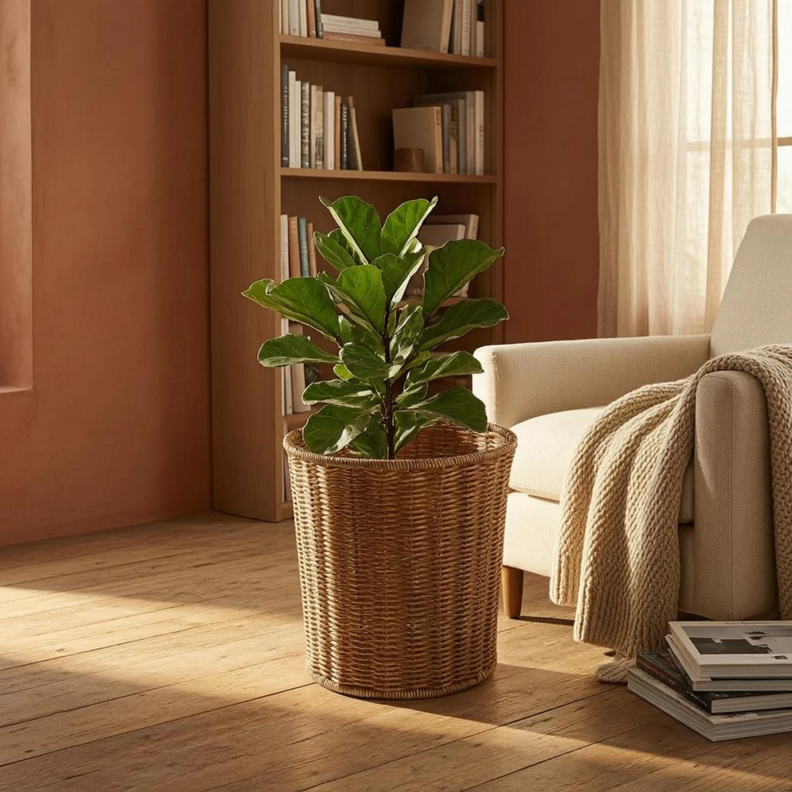 

Woven Trash Basket Handwoven Rattan Wastebasket Round Woven Basket Narrow Base Household Storage Decorative
