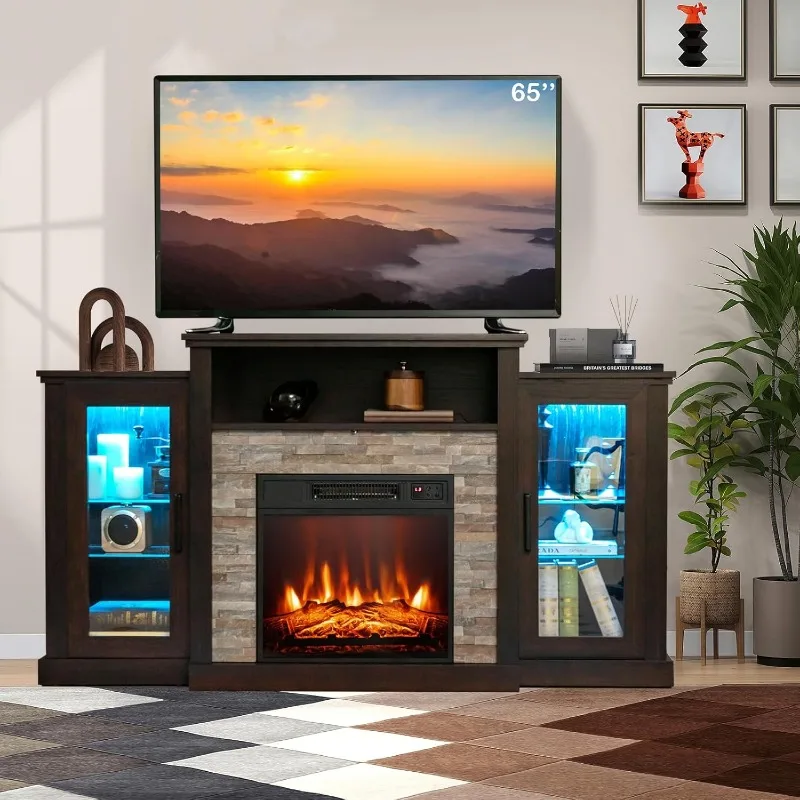 Electric Fireplace TV Stand for 65in+ Tv, 19‘’ Fireplace with Mantel, Entertainment Center with 16 Color LED Lights