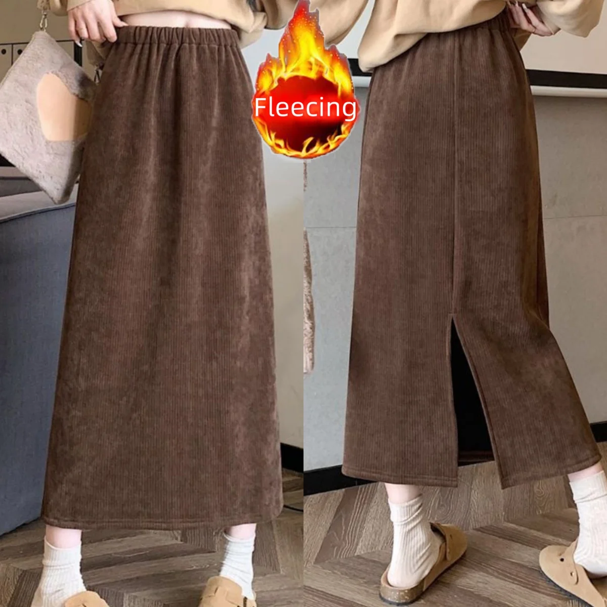 Casual New In Women's Skirt Back Slit Elegant Retro Winter Thick Fleece Office Lady's Matching Skirt Vintage Warm Trend Skirt