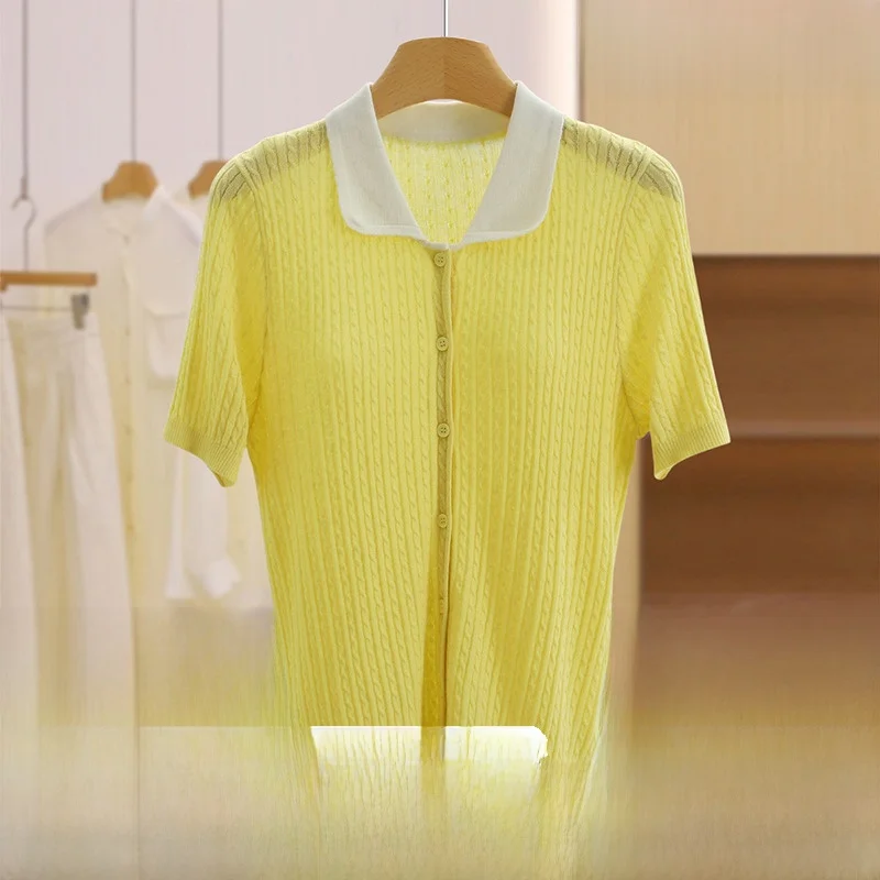 Top de Punto de Manga Corta para Mujer Joven, Cuello Csero, Corte Ajustado, Diseño de Flores Trenzadas, Moderno para Otoño