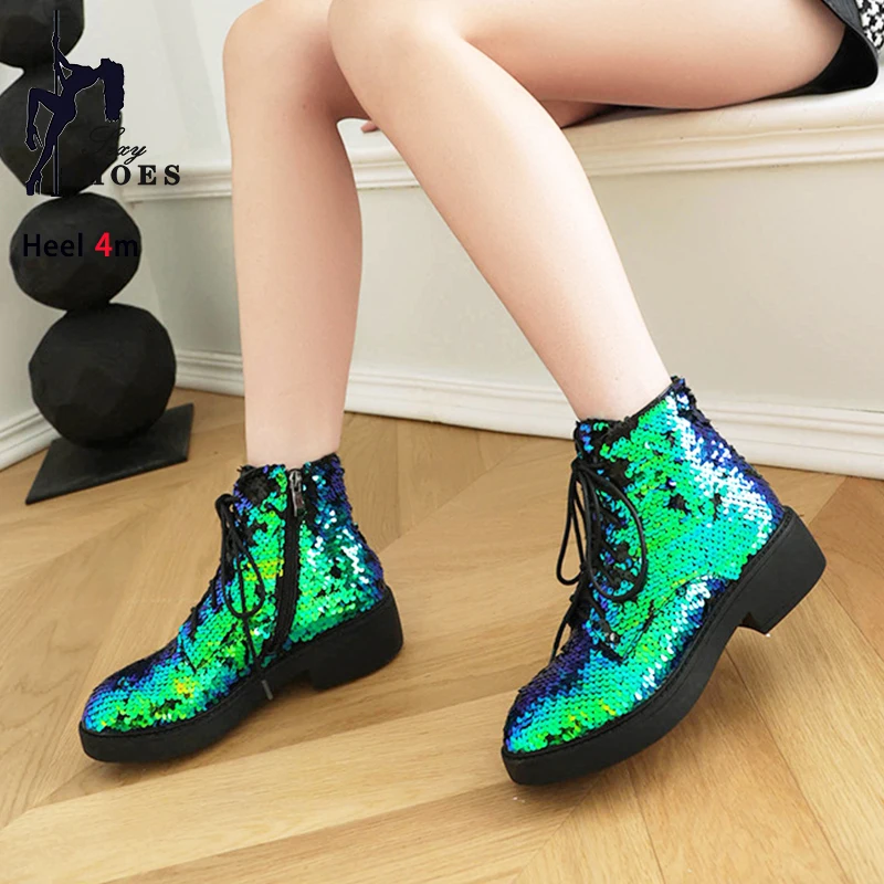 Ankle Boots For Women Autumn Winter Lace-up Side Zipper Casual Sequin Shoes Thick Sole Dance Boots Women Black High Top Shoes