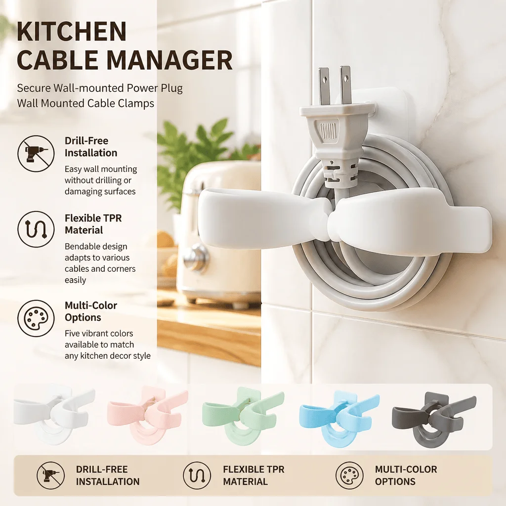 Cable Organizer Kitchen Cord Management Drill Free Wall Mounted Clips TPR Winder Appliance Holder Space Saving Rental Friendly