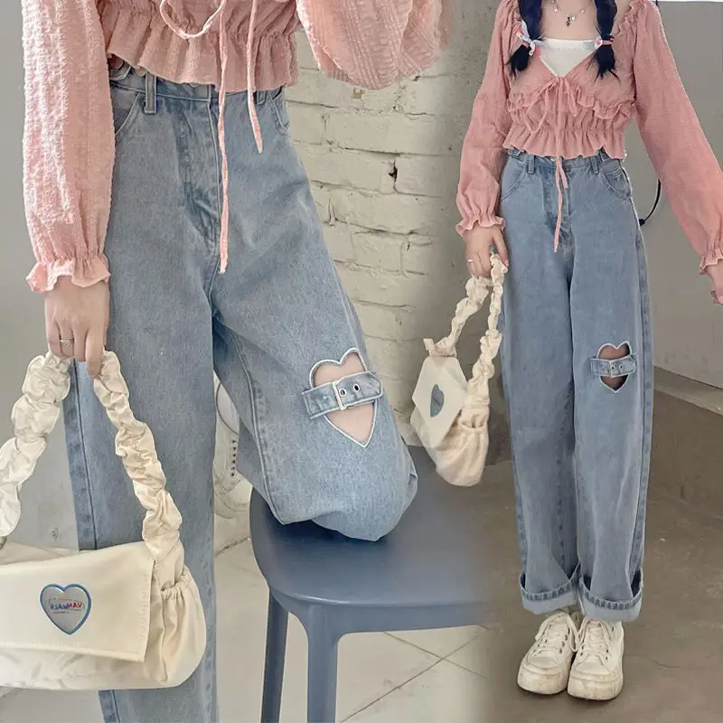 

High Waist Heart Hole Denim Jeans Women plus Size Summer New Loose Wide Leg Straight Cut Pants Slimming Effect Pear ape